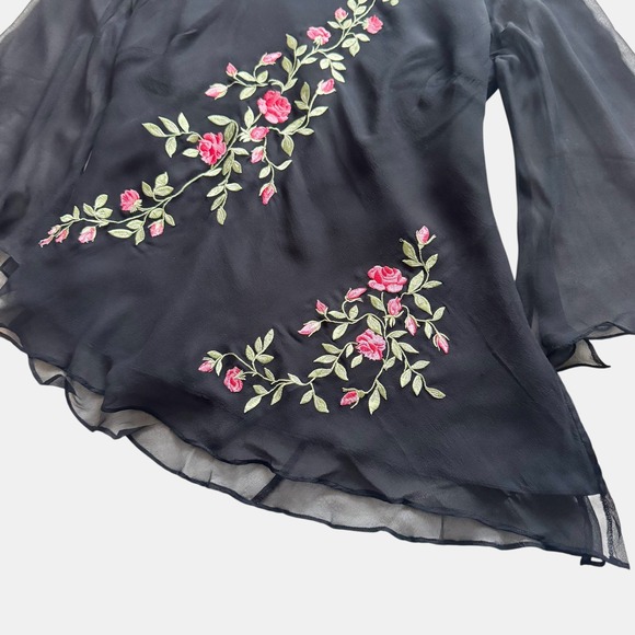 Anne Carson Black 100% Silk Embroidered Rose top XL Whimsigoth Y2K Dark Romance - Picture 9 of 10
